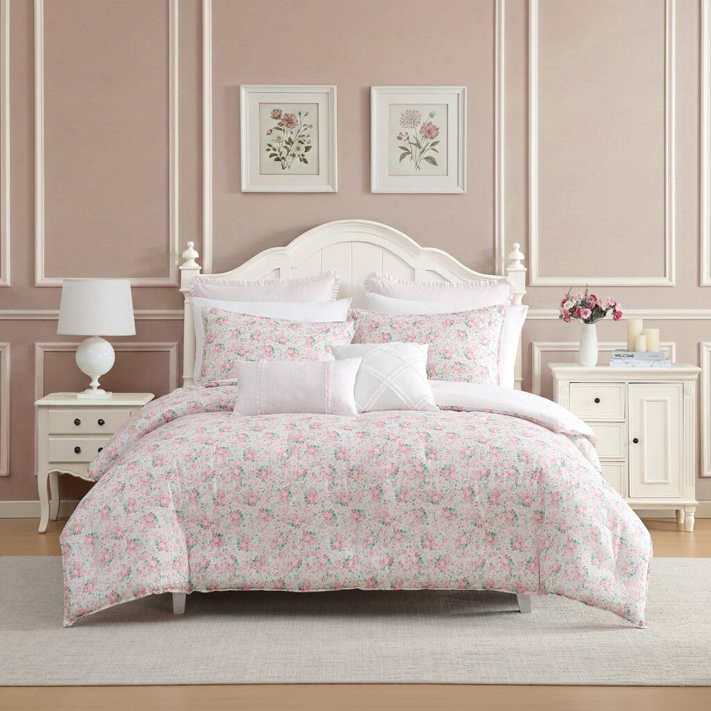 Laura Ashley Delphine Floral Reversible with Stripe Reverse Comforter ...