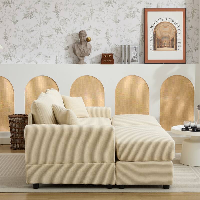 2 Pieces Corduroy Sectional Couch Covers with 2 Pillows, Beige