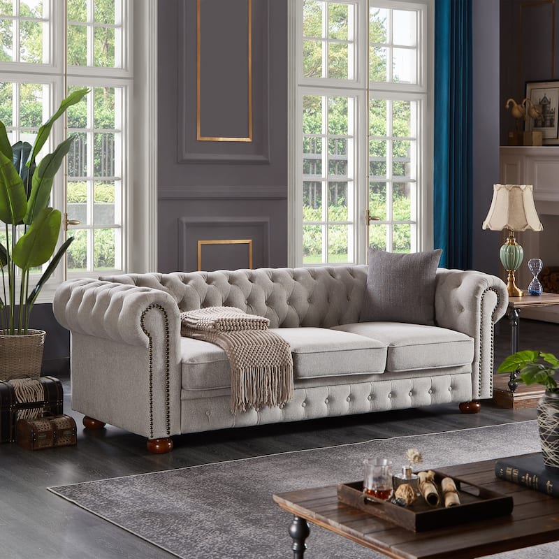 Light Grey Linen Fabric Chesterfield Sofa, 88x37x28 inches
