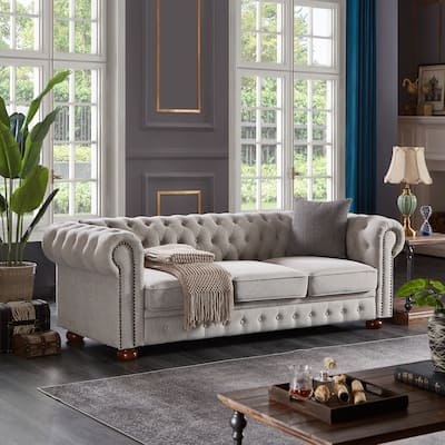 Linen Chesterfield Sofa with Nailhead Trim for Classic Appeal