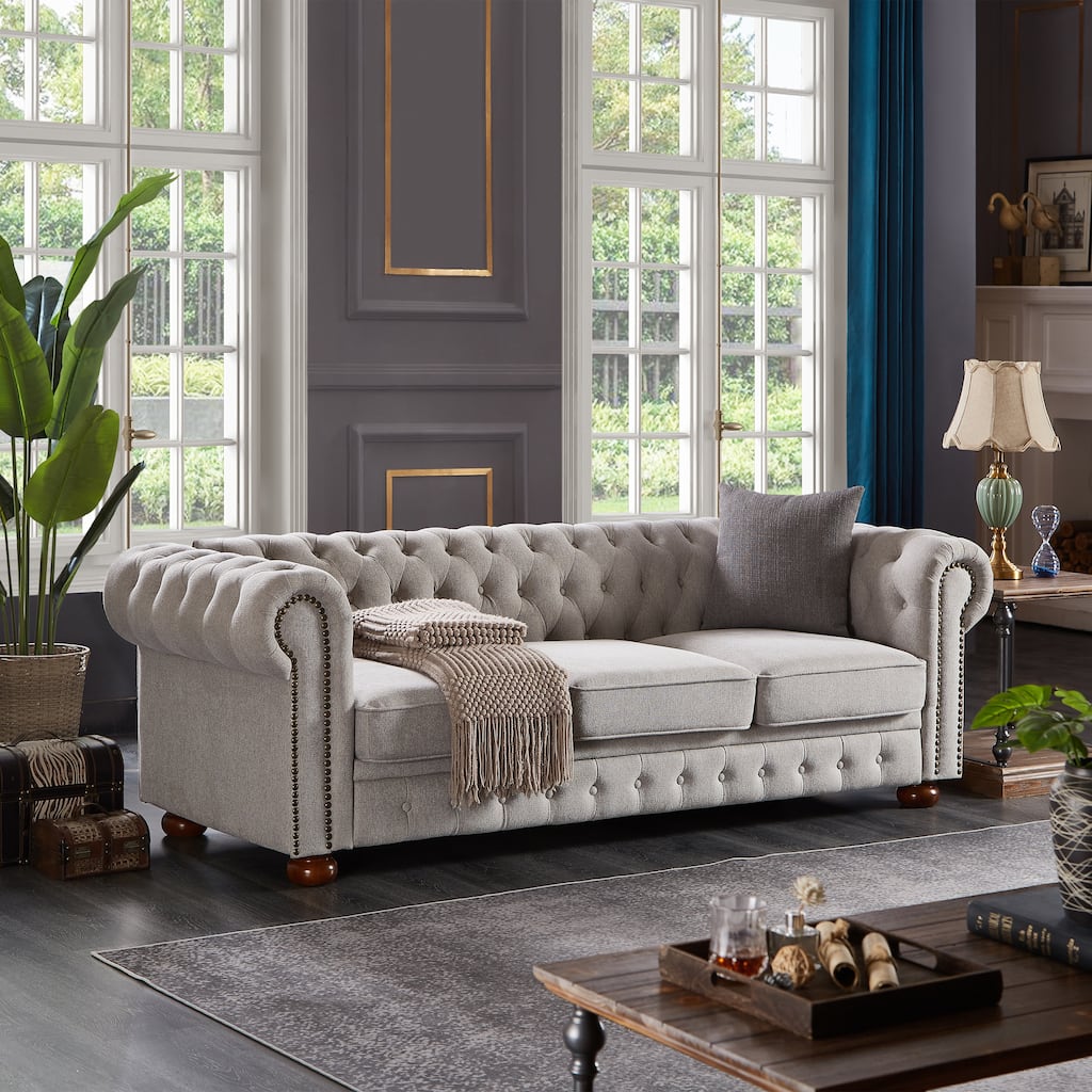 Linen Chesterfield Sofa with Nailhead Trim for Classic Appeal