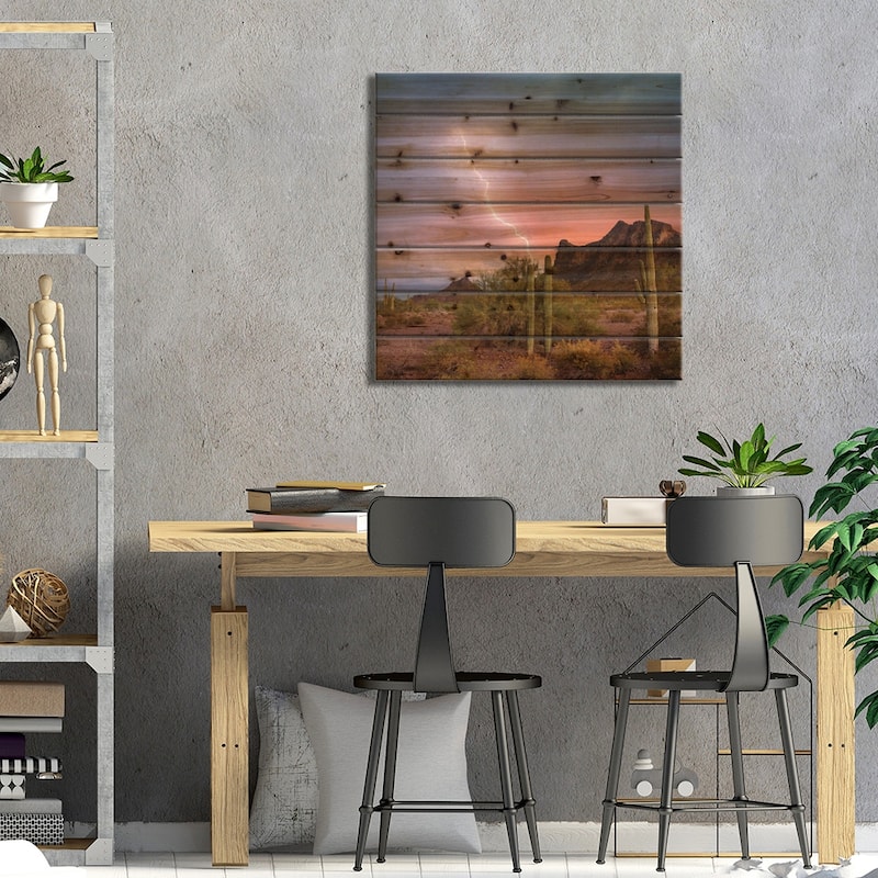 Saguaro (Carnegiea Gigantea) Cacti With Lightning Over Peak In Desert, Picacho Peak State Park Print On Wood by Tim Fitzharris