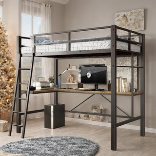 Twin Metal Loft Bed with L-Shaped Desk, Safety Guard & Ladder