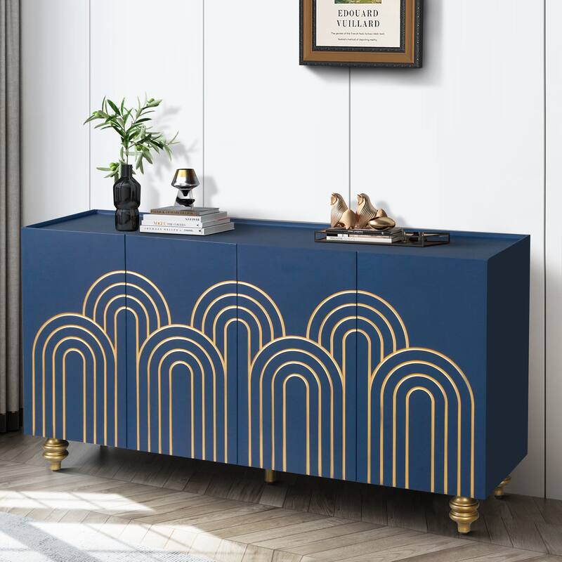 Modern Buffet Server Cabinet Navy Blue Console Cabinet with Adjustable Shelves, Storage Cabinet Sideboard Cupboard
