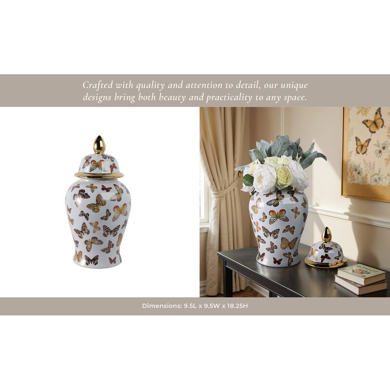Ceramic Decorative Temple Jar with Lid and Metallic Butterfly Motif