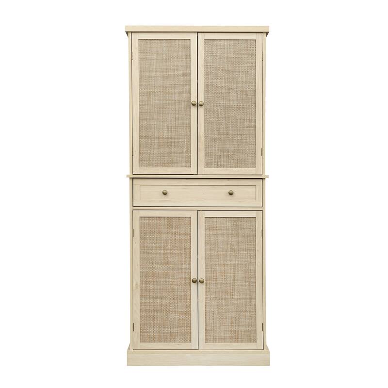 Pantry Cabinet with 4 Rattan Doors & 1 Drawer, Buffet Cabinet with Adjustable Shelves, Freestanding Wooden Storage Cabinet