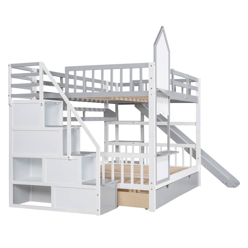 Bunk Bed with 2 Drawers 3 Shelves and Slide
