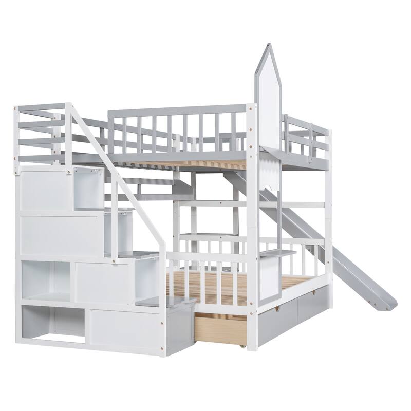 Full-Over-Full Castle Style Bunk Bed with 2 Drawers, 3 Shelves & Slide ...