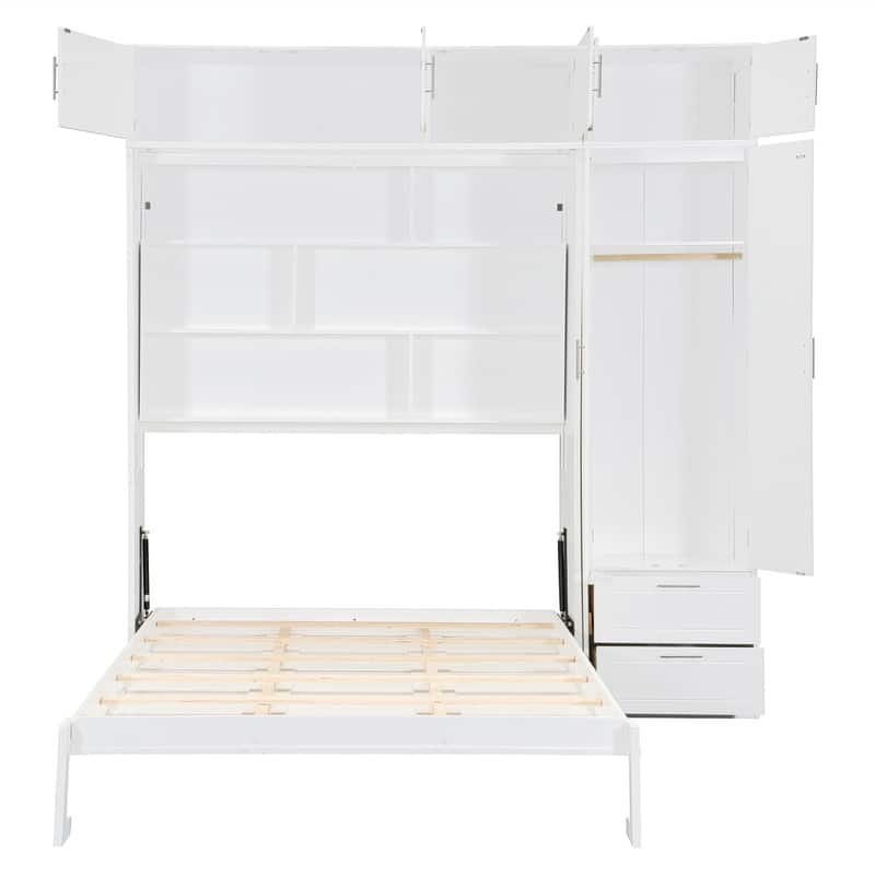 Queen Size Murphy Bed Wall Bed with Wardrobe, Top Cabinets and Storage Shelves, Foldable Murphy Cabinet Bed with 2 Drawers