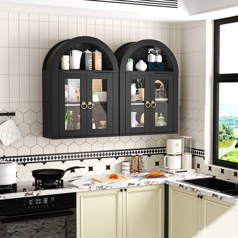 Wall Mounted Arched Cabinet with Glass Doors, Light and Adjustable Shelves for Laundry Room, Bathroom, Kitchen