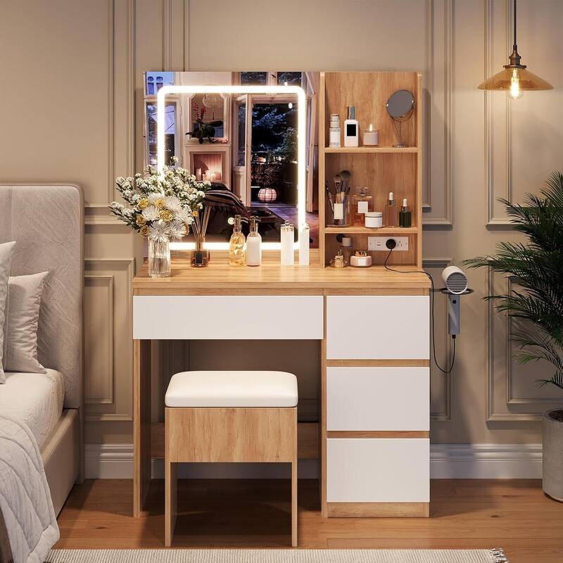 4 Drawers Vanity Desk with Power Outlet, Stool, Mirror and LED Light