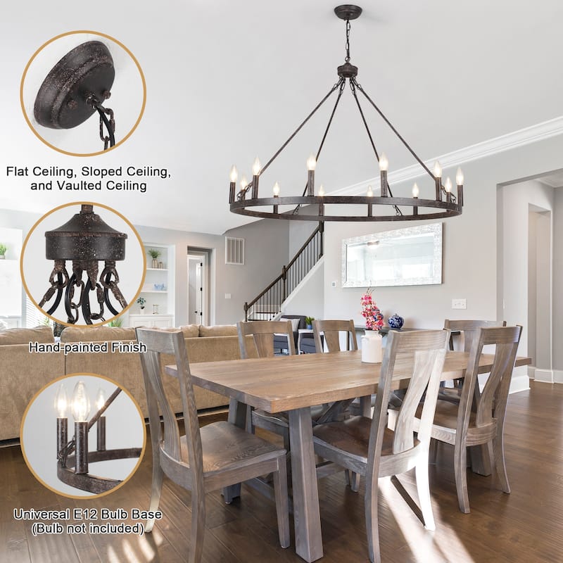 12-light Rustic Farmhouse Wagon Wheel Chandelier for Living Room - W37.99" x H90.55" - N/A