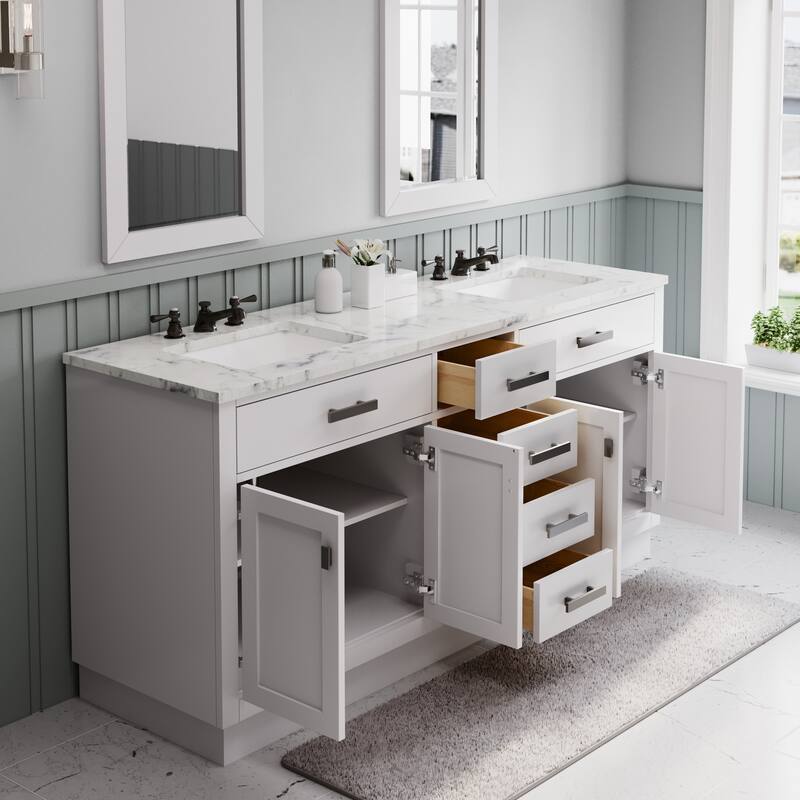 Hartford Marble Countertop Bath Vanity in White with Gooseneck Faucet - 72"
