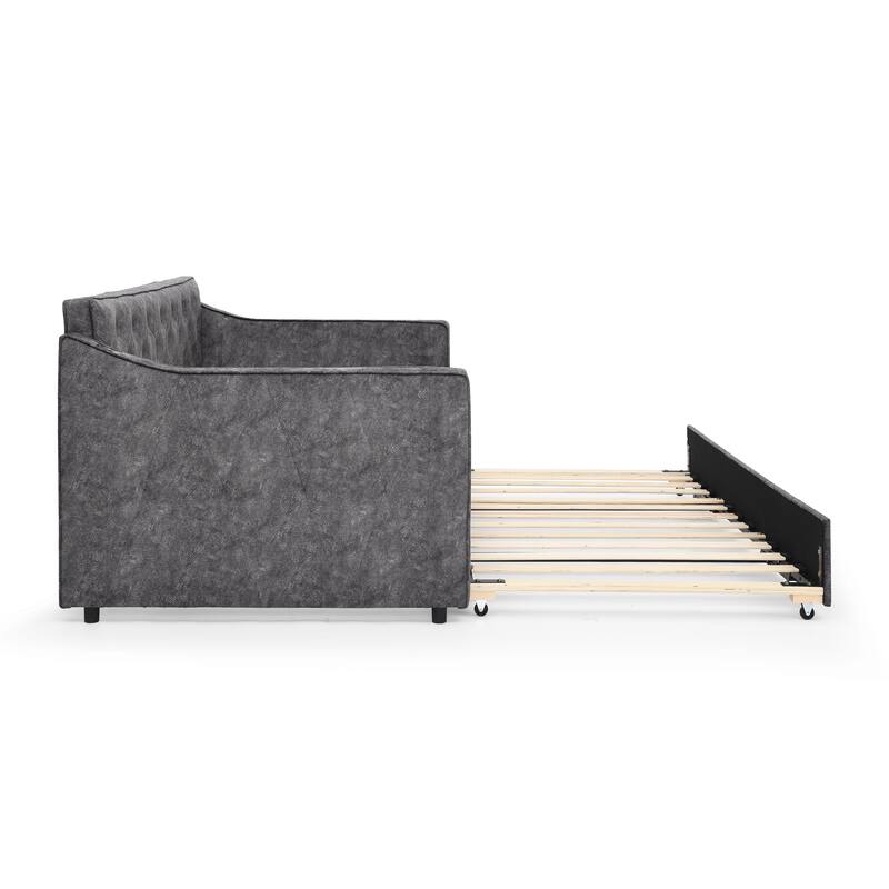 Roomfitters Twin Daybed with Pop-Up Trundle, Upholstered Sofa Bed Frame with USB Charging, Grey