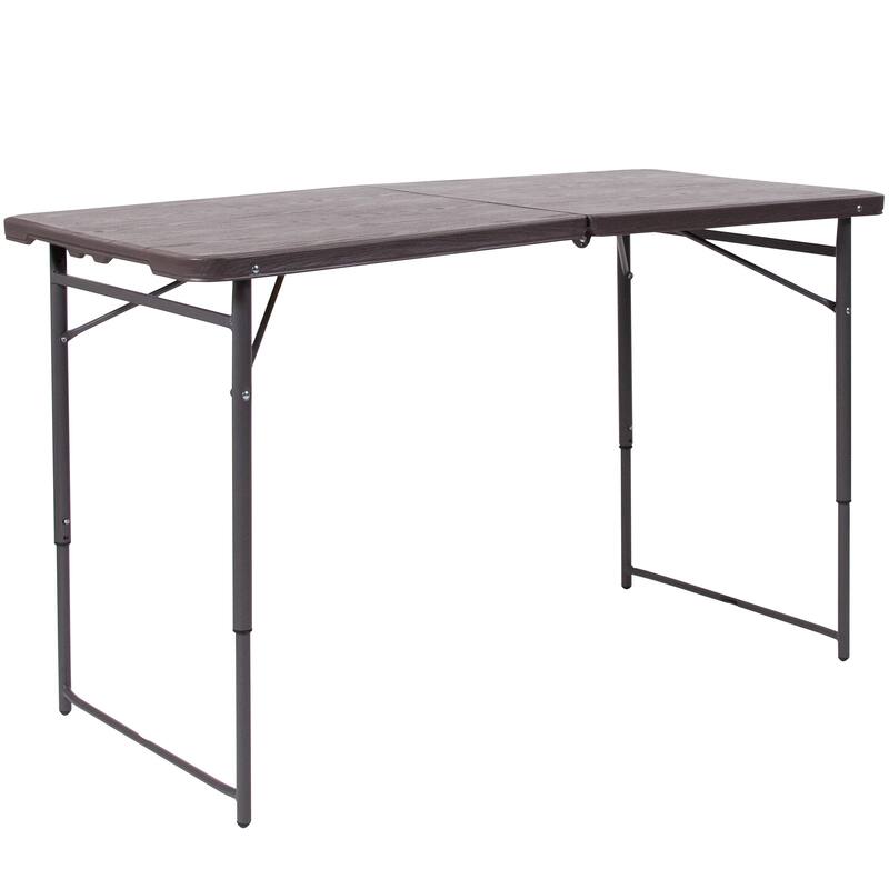 4-Foot Height Adjustable Bi-Fold Dark Gray Plastic Folding Table with Handle