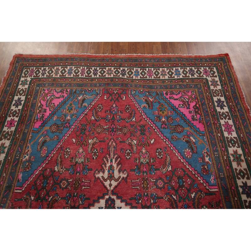 Pink & Turquoise Hamedan Persian Vintage Area Rug Handmade Wool Carpet - 6'10" x 9'8"