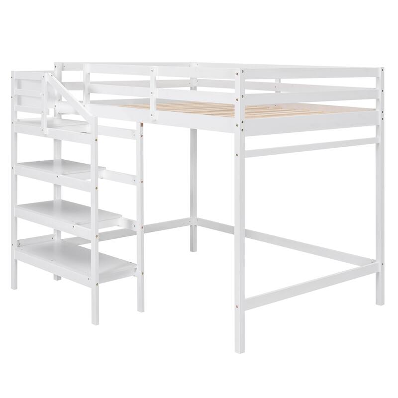 Full Size Loft Bed with Shelves Stairs and Hanger, Wooden Loftbed Frame for Bedroom Sturdy Wood Loft Full Size Frame Bed