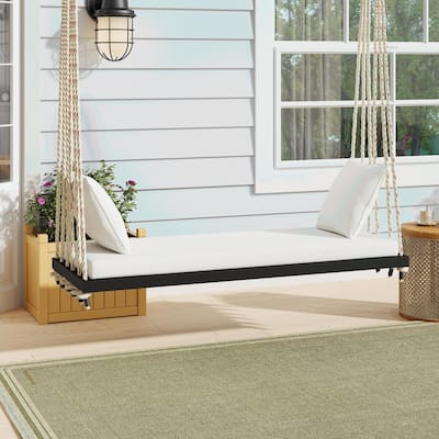 Patio Wooden Swing Chair, Hanging Porch Swing Bench with Cushion & Pillows, 10.8Ft Hemp Ropes