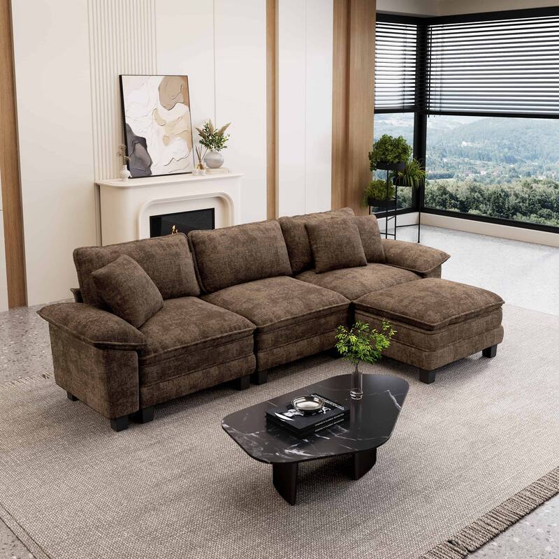 MAISON ARTS Modular Cloud Sectional Sofa, Comfy L- or U-Shaped Couch with Ottomans & Pillows, 4–6 Seat Living Room Sofa - Brown Chenille(4 Pieces) - Reversible