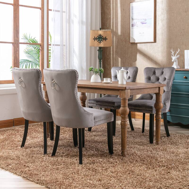 Set of 2 Velvet Upholstered Dining Chairs with Nailhead Trim and Wooden Legs