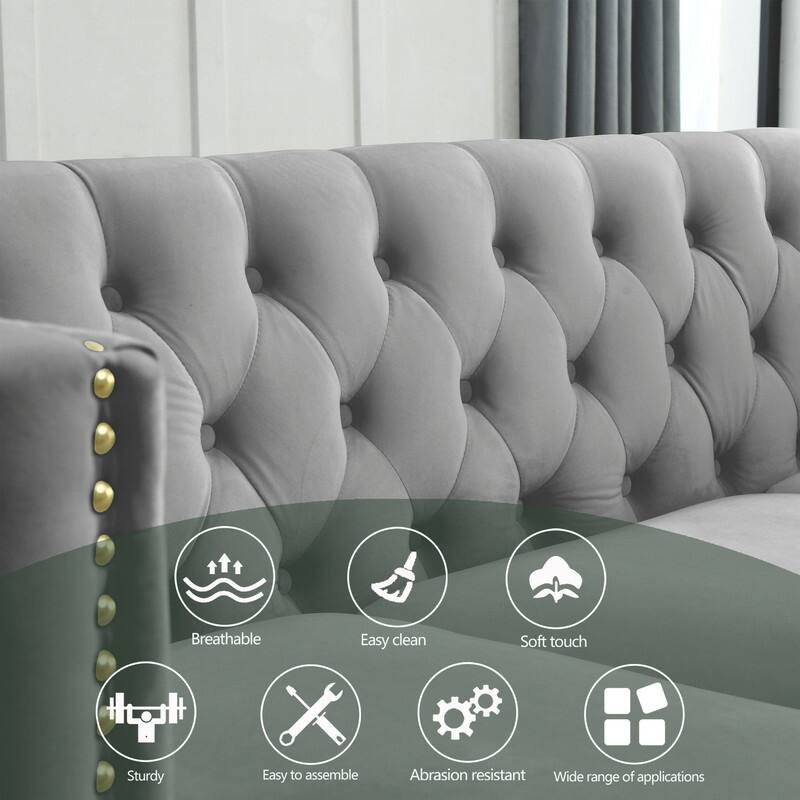 Luxury Velvet Upholstered Tufted Sofa with Arms,Living Room Couches with Metal Legs