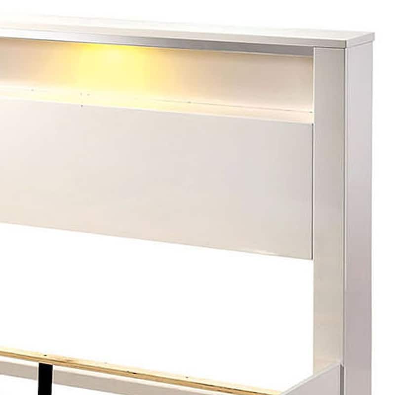 Modern Eastern King Size Bed with Shelved Headboard and LED Light, White