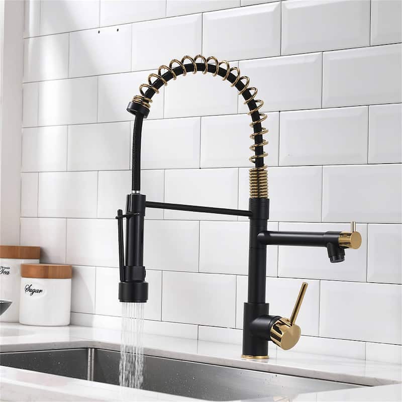 Commercial Kitchen Faucet With Pull Down Sprayer And Pot Filler Single Hole Kitchen Sink Faucet Matte Black 2 Handle Basin Taps - Matte Black & Gold