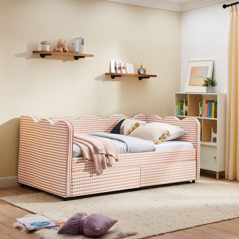 Twin Size Gingham Linen Upholstered Daybed with 2 Storage Drawers, USB Charging Station & Waved Arms