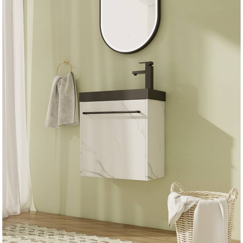 20" Floating Bathroom Vanity with Sink, Mini Wall Mounted Bathroom Vanity with Soft Close Door - White+Black Sink