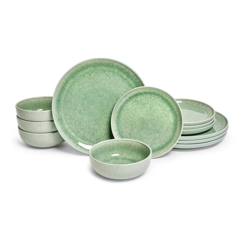 Sango Asher 12-Piece Green Stoneware Dinnerware Set - Service for 4, Plate & Bowl Set - Green
