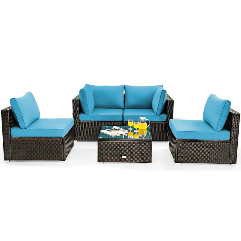 5 Pieces Patio Furniture Set Rattan Outdoor Sectional Conversation Set - Turquoise