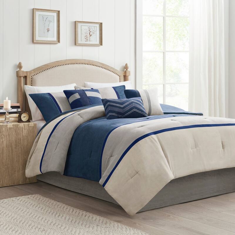 7 Piece Faux Suede Comforter Set Blue Queen - Blue