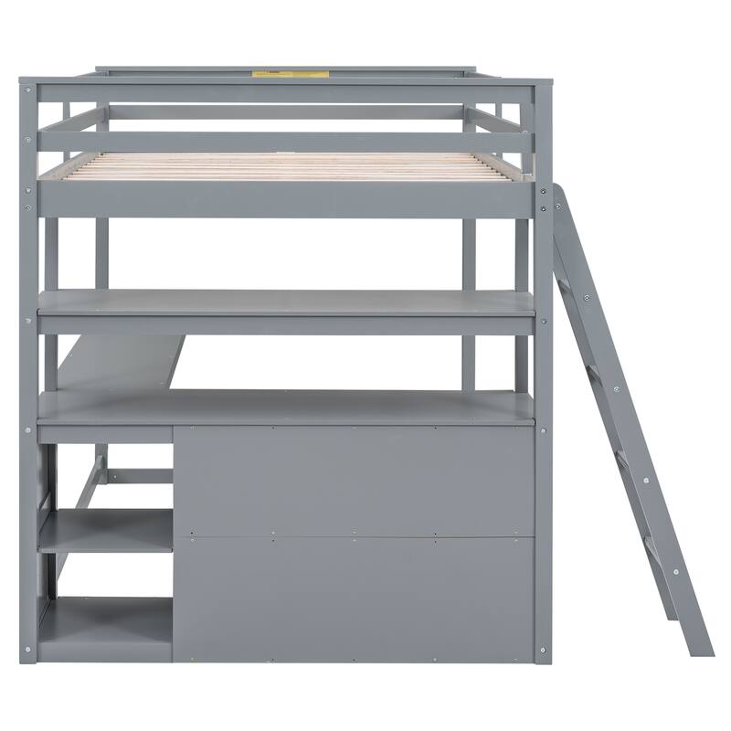 Full Size Loft Bed with Desk and Shelves, Two Built-in Drawers