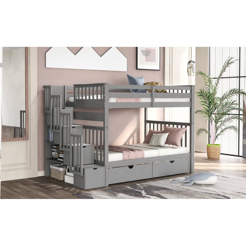Full Over Full Bunk Bed Wooden Storage Bed with Storage Stairs, 2 Bedend Drawers and Side Book Shelf, Convertible Platform Bed