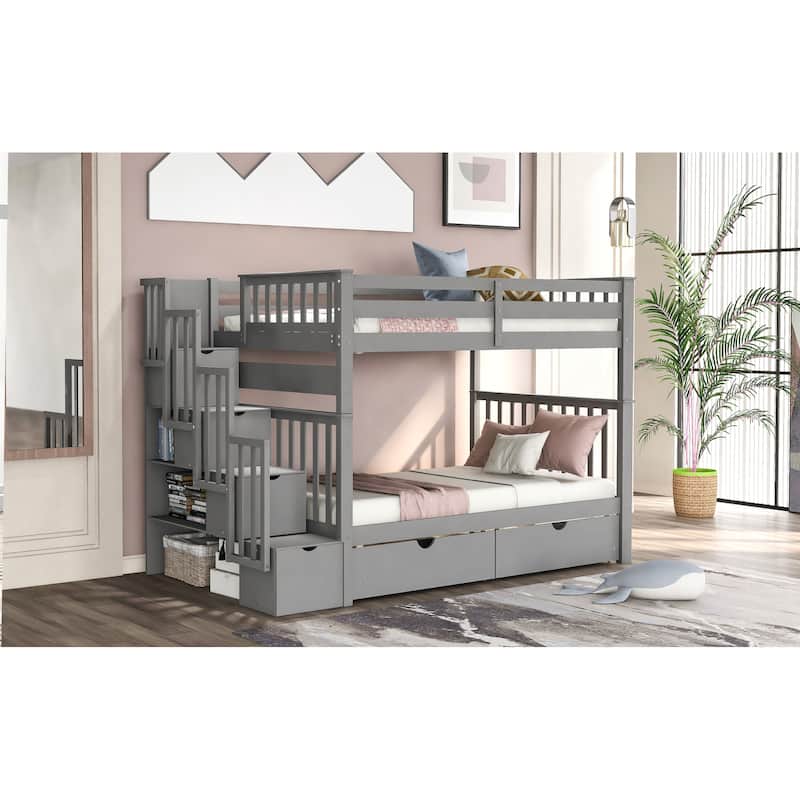 Full Over Full Bunk Bed with Shelves and Drawers