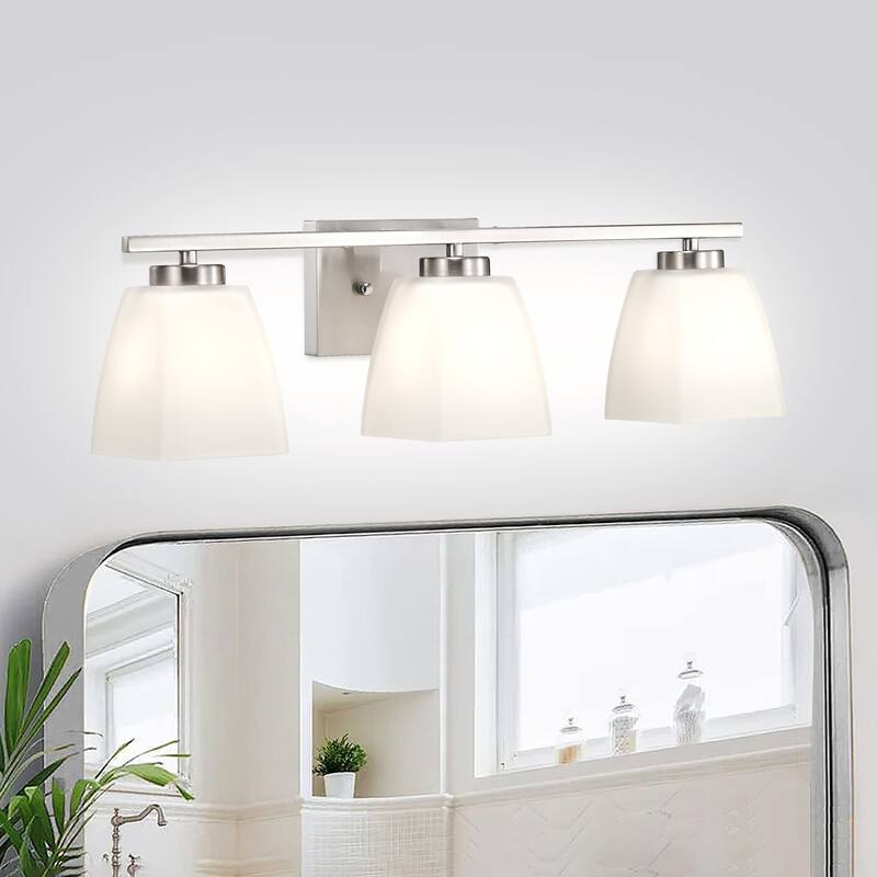 Brushed Nickel/Matte Black/Gold Modern 3-Light Vanity Light with Square Etched White Glass Shades - Brushed Nickel