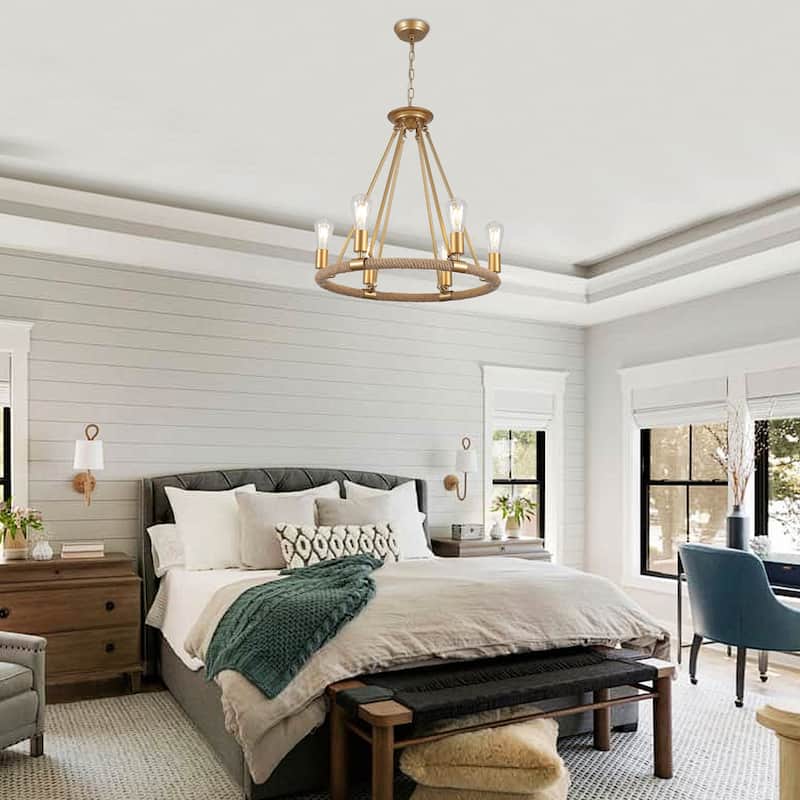 6-Light Farmhouse Chandelier, Modern Wagon Wheel Chandelier for Dining Room Living Room Bedroom Kitchen - W22.83"x H23.26"