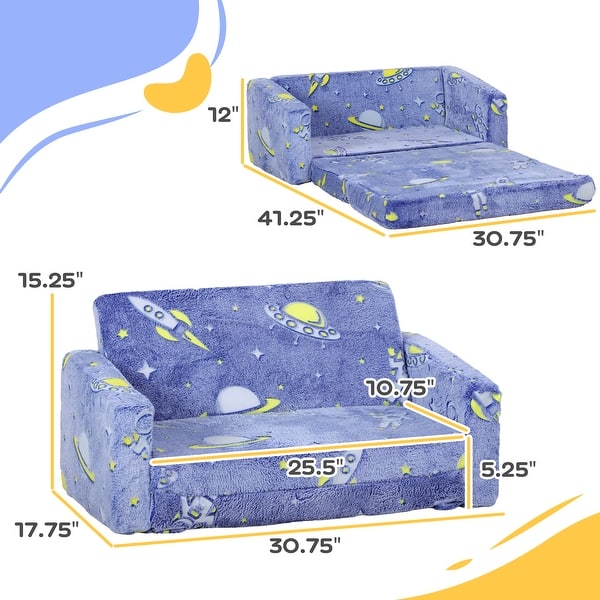 dimension image slide 0 of 2, Qaba 2 in 1 Kids Sofa Chair, Toddler Couch with Glow in The Dark Cosmic Patten, Washable Cover, Fold Out Convertible Sofa