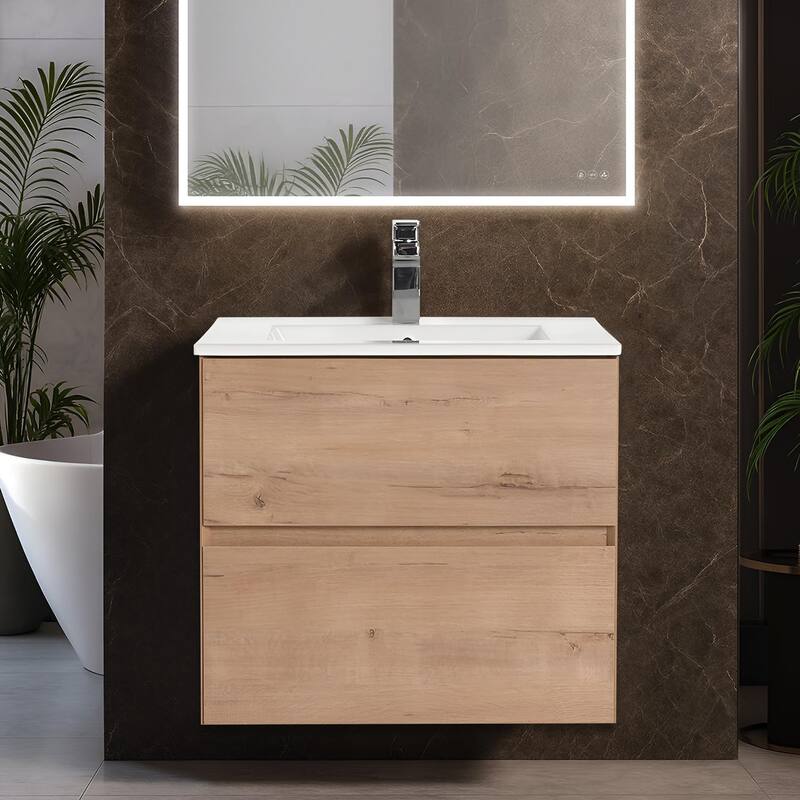 Blossom All Wood Wall Mounted Floating Bathroom Vanity with Sink -  Classic Oak - 36" Ceramic SInk