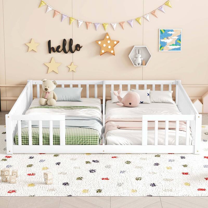 Double Twin Floor Bed with Fence and Guardrails, without door - White