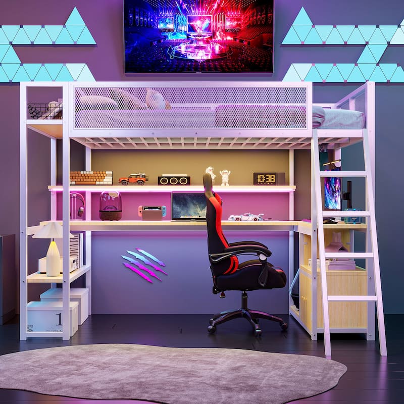 Metal Loft Bed Twin Size Bed Frame with Long Desk and Several Storage Shelves Under the Bed, Controllable LED & Charging Station