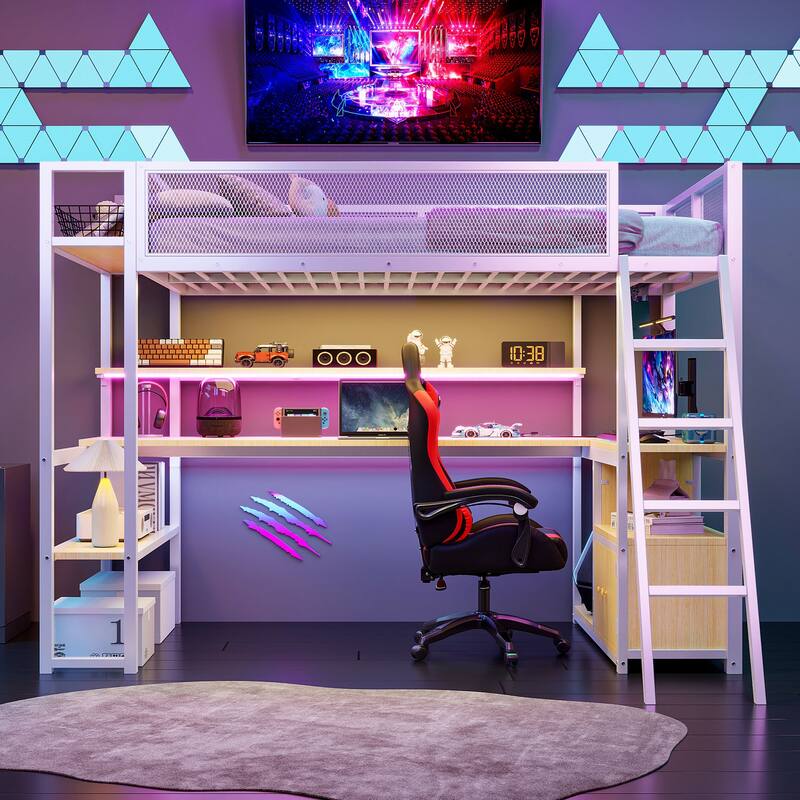 Twin Metal Loft Bed with Study Desk, Remote-Control LED Shelf Lighting, Charging Station & Ample Storage,Cabinets and Shelves