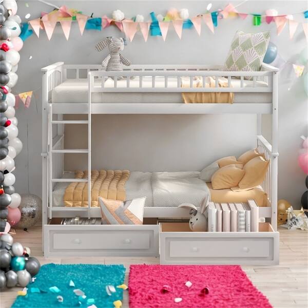 slide 2 of 12, Twin over Twin Pine Bunk Kids Bed Frame with Guardrail & Drawers, Convertible to 2-Separate Platform Beds, Easy Assembly, White