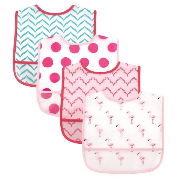 slide 1 of 1, Luvable Friends Baby Girl Waterproof PEVA Bibs 4pk, Flamingo, One Size - Flamingo - One Size