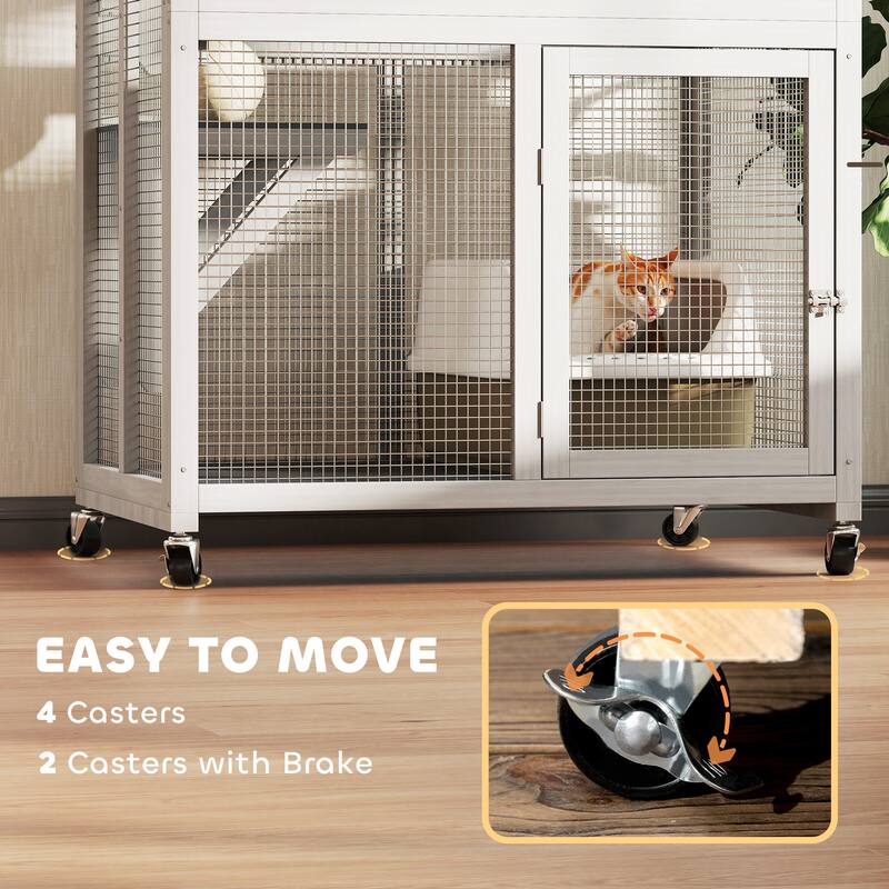 PawHut 74" Wooden Outdoor Cat House Catio Outdoor Cat Enclosure, Light Gray