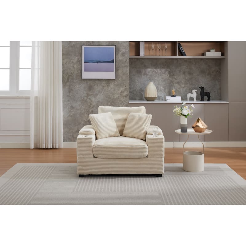 Corduroy Upholstered Chaise Lounge Sofa with Storage Armrest, Ottoman and Cup Holders, Beige, 42x50x32 inches