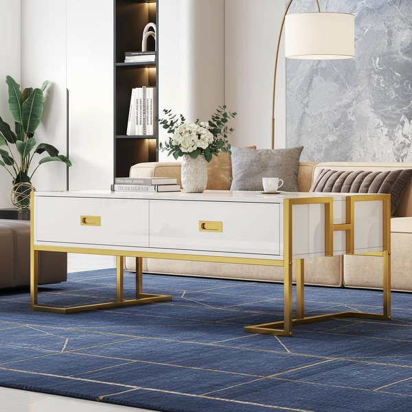 slide 2 of 15, Modern Glam Rectangular Coffee Table with 4 Hidden Drawers by Harper&Bright Designs White+Gold