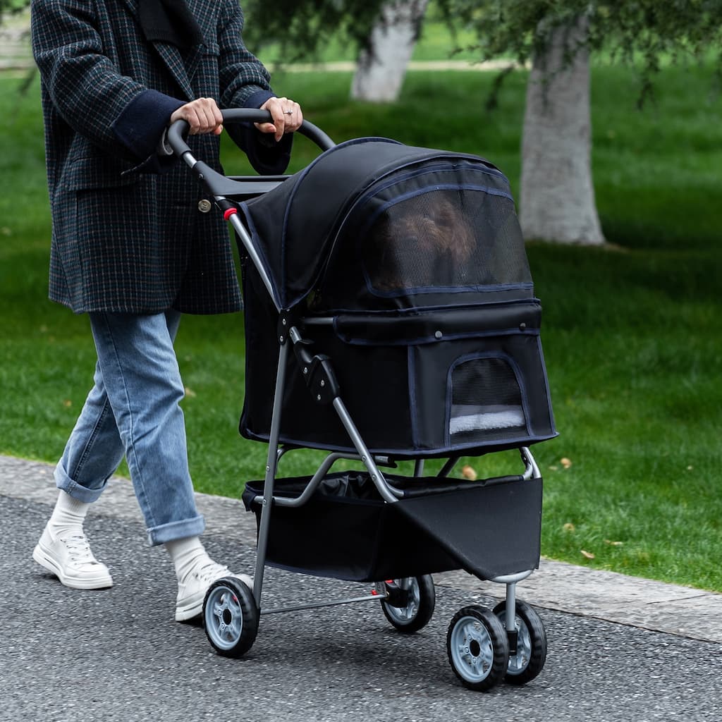 Buster Black 3-Wheel Pet Stroller Waterproof Travel Folding Carriage with Mesh Window by Furniture of America