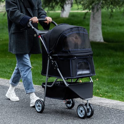 Buster Black 3-Wheel Pet Stroller Waterproof Travel Folding Carriage with Mesh Window by Furniture of America