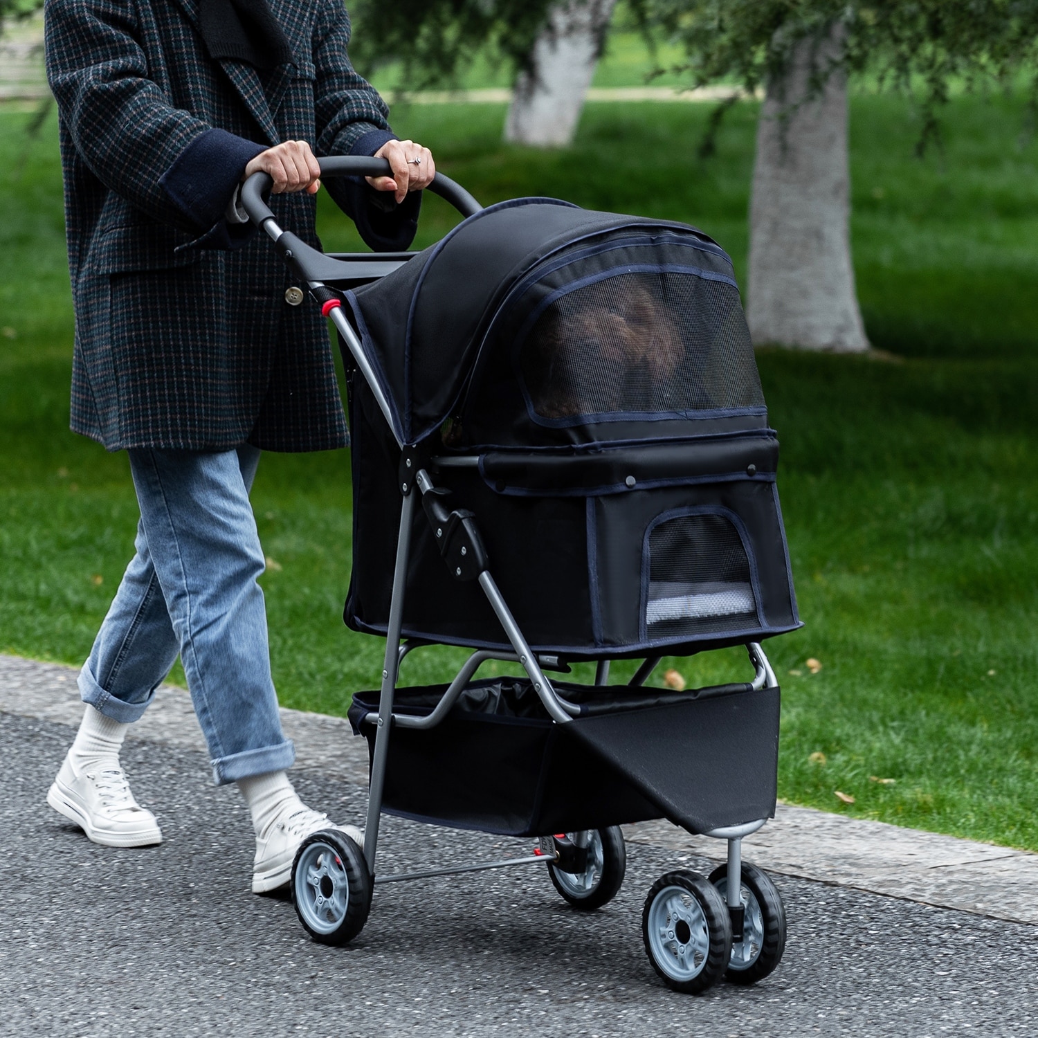 Furniture of America Buster Black 3-Wheel Pet Stroller Waterproof Travel Folding Carriage with Mesh Window